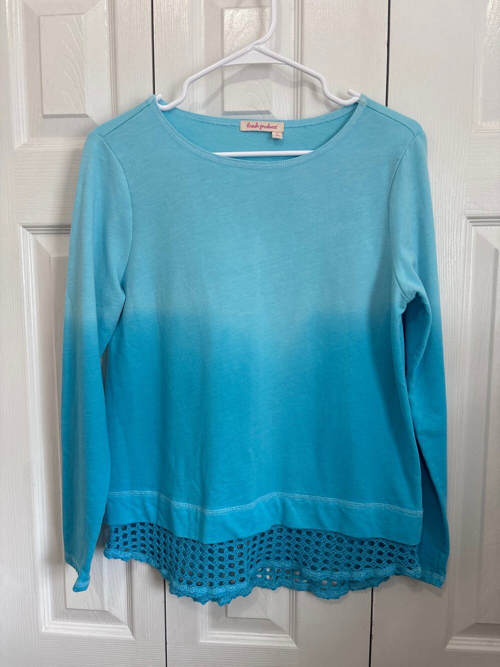 Fresh Produce Turquoise Ombré Crochet Hem Long Sleeve Top Size Small